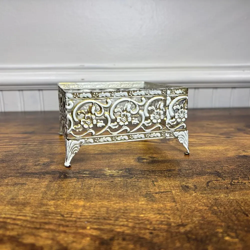 Vintage MCM Tissue Holder Square Metal Filigree Hollywood Regency Shabby Chic